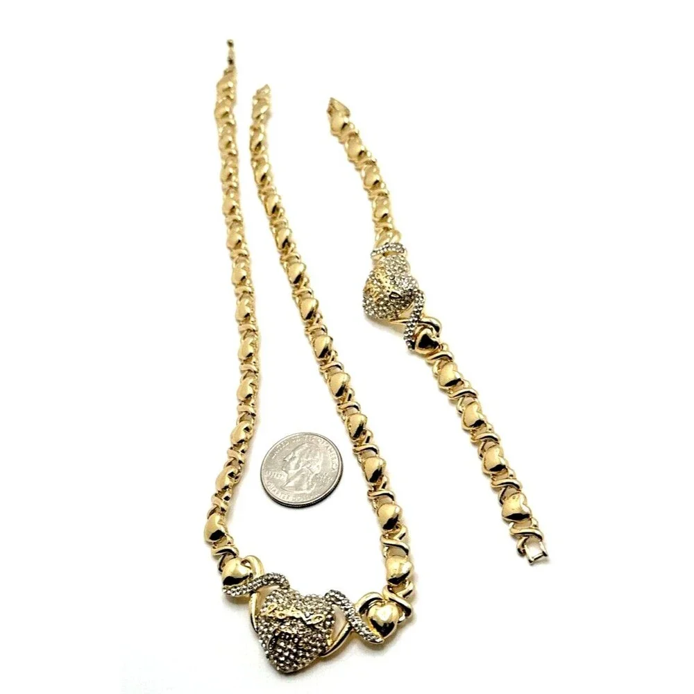 Gold Tone Rhinestone Heart Necklace Bracelet Set I Love You Pave Statement